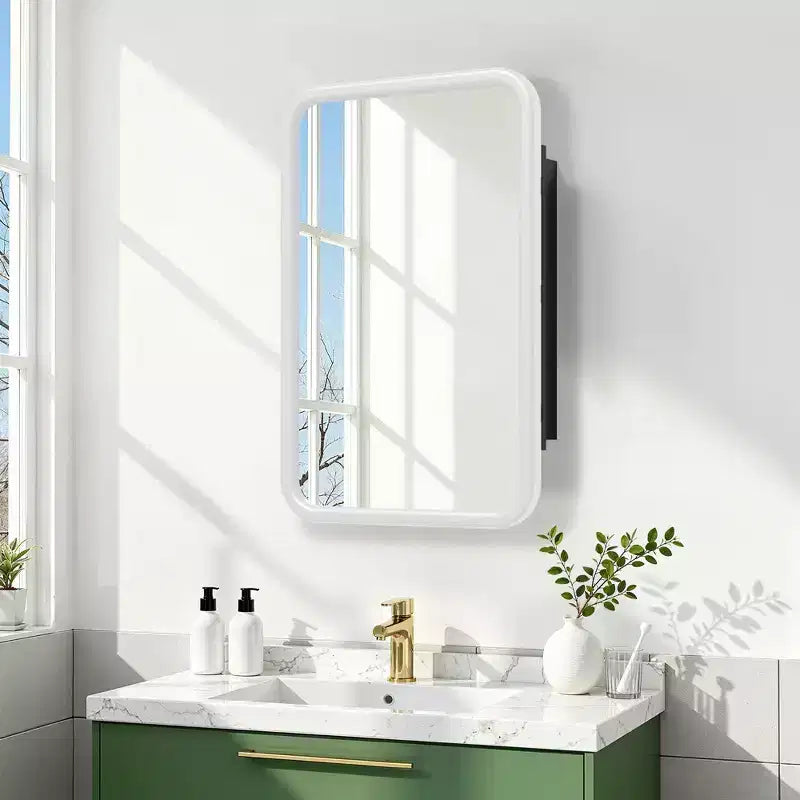 19.5 x 29.64 Inch White Rounded Rectangular Wrought Iron Framed Medicine Cabinet With Mirror, Wall-mounted Mirror Cabinet For Bathroom