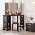 Corner Makeup Vanity Desk with 3-Fold Mirror, Charging Station, Door Cabinet, Storage Bag & Stool, Space-Saving Corner Vanity Table for Bedroom