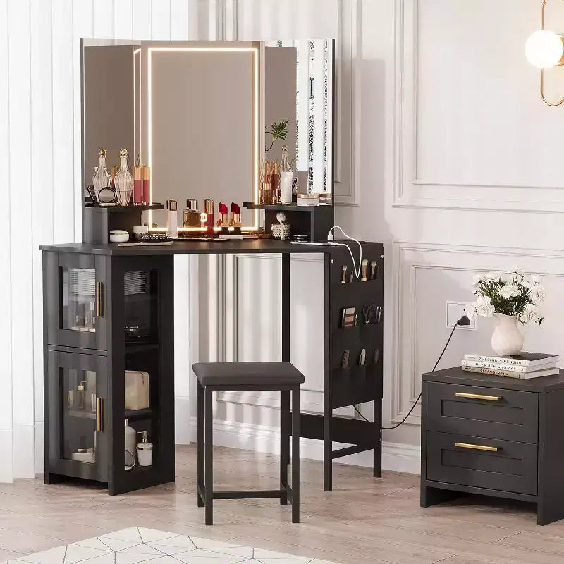 Corner Makeup Vanity Desk with 3-Fold Mirror, Charging Station, Door Cabinet, Storage Bag & Stool, Space-Saving Corner Vanity Table for Bedroom