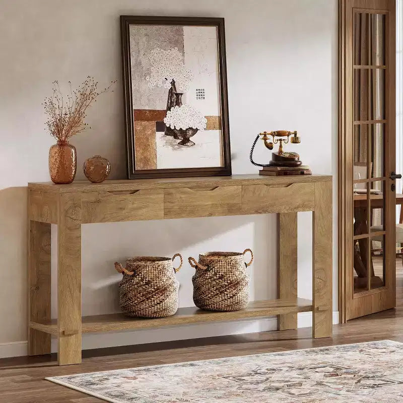 Lantine Long Console Table with 3 Drawers, 67-Inch Sofa Table Behind The Couch with Storage Shelf, Narrow Farmhouse Entryway Table for Foyer, Brown