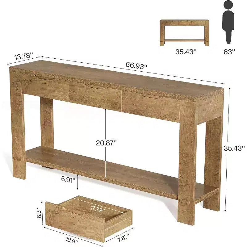 Console lunga Lantine con 3 cassetti, tavolino da divano da 67 pollici con ripiano portaoggetti, tavolino d'ingresso stretto in stile rustico per foyer, marrone