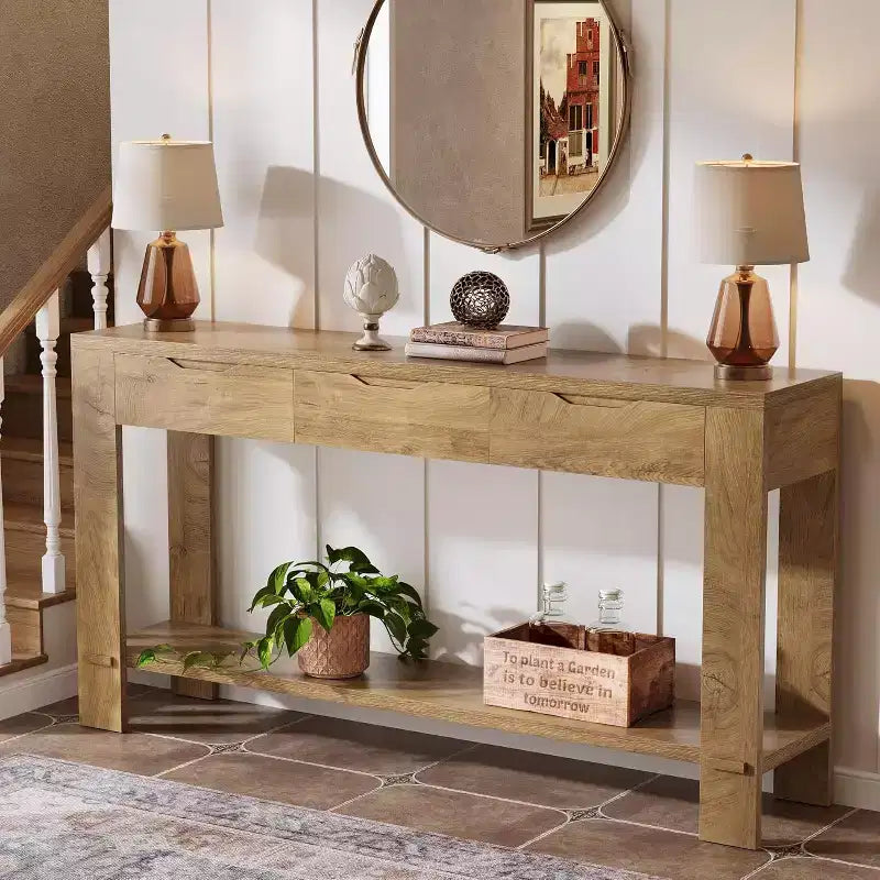 Console lunga Lantine con 3 cassetti, tavolino da divano da 67 pollici con ripiano portaoggetti, tavolino d'ingresso stretto in stile rustico per foyer, marrone