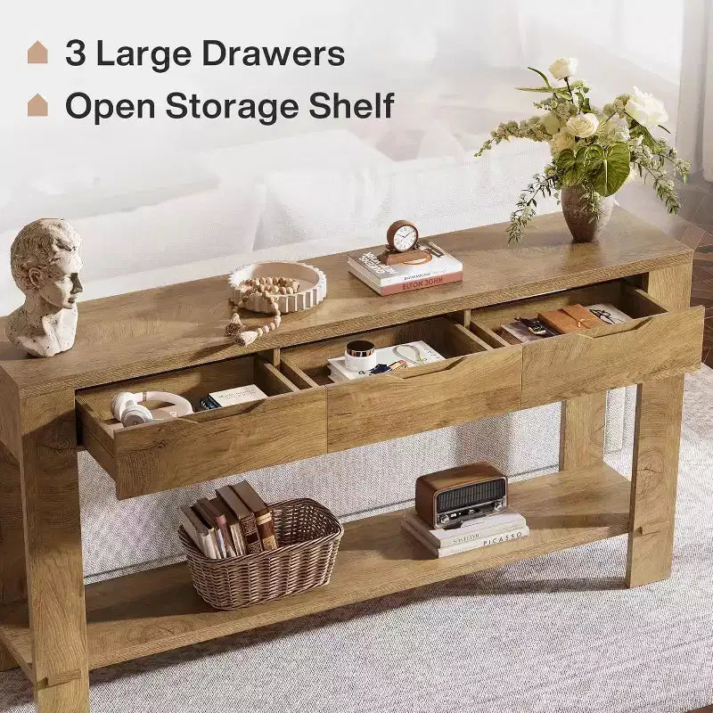 Console lunga Lantine con 3 cassetti, tavolino da divano da 67 pollici con ripiano portaoggetti, tavolino d'ingresso stretto in stile rustico per foyer, marrone