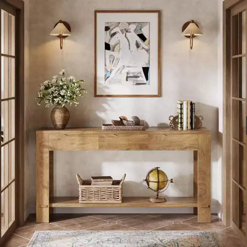 Console lunga Lantine con 3 cassetti, tavolino da divano da 67 pollici con ripiano portaoggetti, tavolino d'ingresso stretto in stile rustico per foyer, marrone