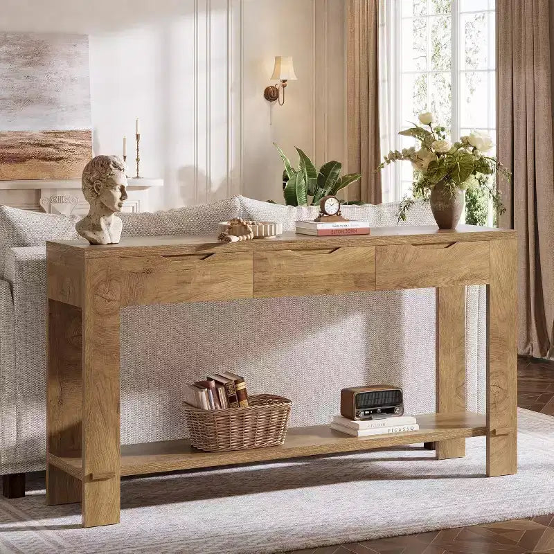 Console lunga Lantine con 3 cassetti, tavolino da divano da 67 pollici con ripiano portaoggetti, tavolino d'ingresso stretto in stile rustico per foyer, marrone