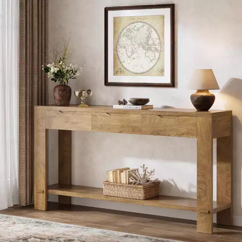 Console lunga Lantine con 3 cassetti, tavolino da divano da 67 pollici con ripiano portaoggetti, tavolino d'ingresso stretto in stile rustico per foyer, marrone