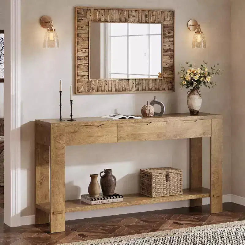 Console lunga Lantine con 3 cassetti, tavolino da divano da 67 pollici con ripiano portaoggetti, tavolino d'ingresso stretto in stile rustico per foyer, marrone