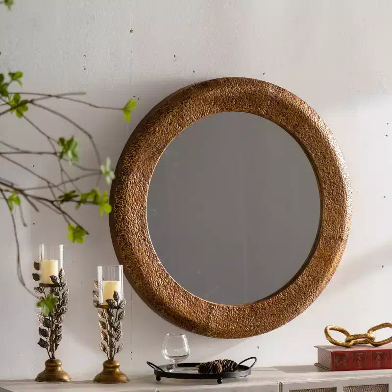 31 Luxury Round Wall Mirror with Hammered Iron Frame, Rustic Accent Mirror for Living Room, Entryway, or Hallway-Panipeachy
