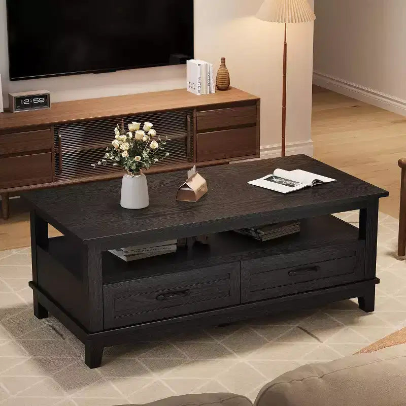 47 Inch Farmhouse Coffee Table, Rustic Wood Center Table with 2 Storage Drawers and Open Shelf, Rectangle Tables, Living Room