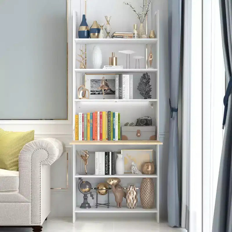 Famapy White Wall-Mounted Bookshelf & Display Rack with Hidden Drop-Down Desk & LED Lighting