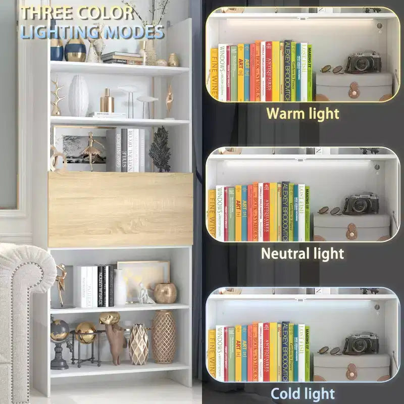 Libreria e Scaffale da Esposizione a Muro Famapy con Scrivania a Ribalta Nascosta e Illuminazione a LED