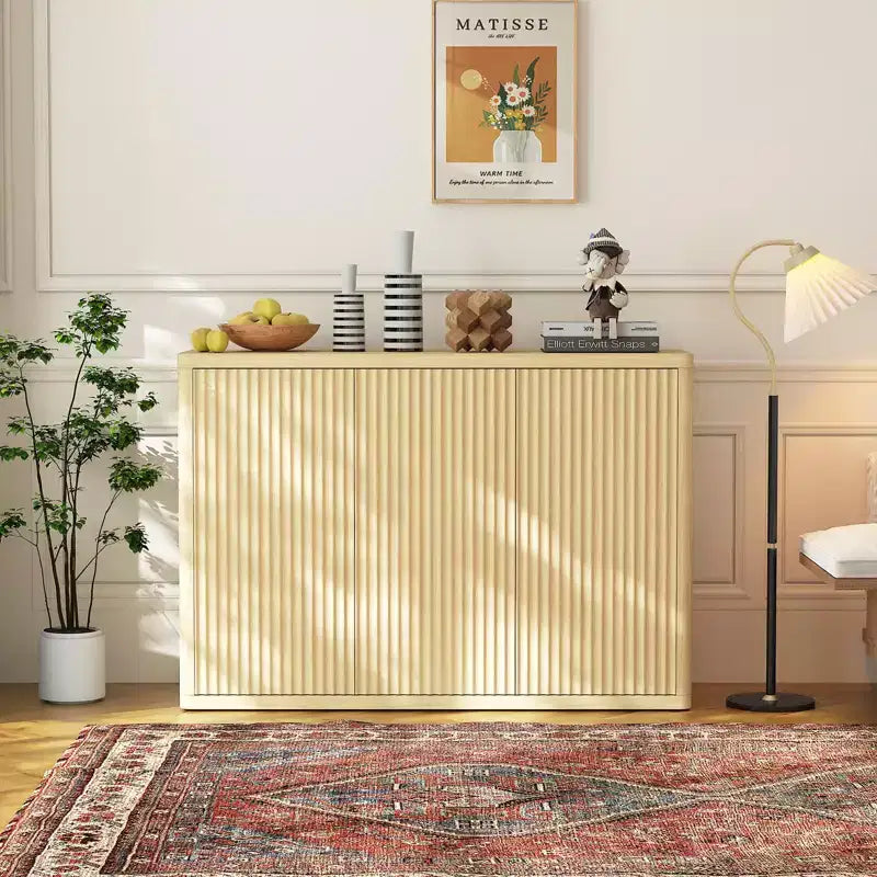 46.7 Fluted Oak Buffet Sideboard, Modern Wood Storage Cabinet with 3 Doors & Adjustable Shelves, Mid Century Modern Design