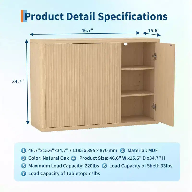 Credenza a Buffet Scanalata in Rovere da 46,7", Armadietto Moderno in Legno con 3 Ante e Ripiani Regolabili, Design Moderno di Metà Secolo