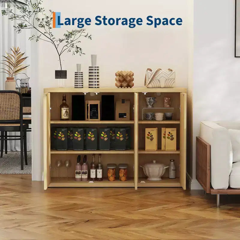 Credenza a Buffet Scanalata in Rovere da 46,7", Armadietto Moderno in Legno con 3 Ante e Ripiani Regolabili, Design Moderno di Metà Secolo