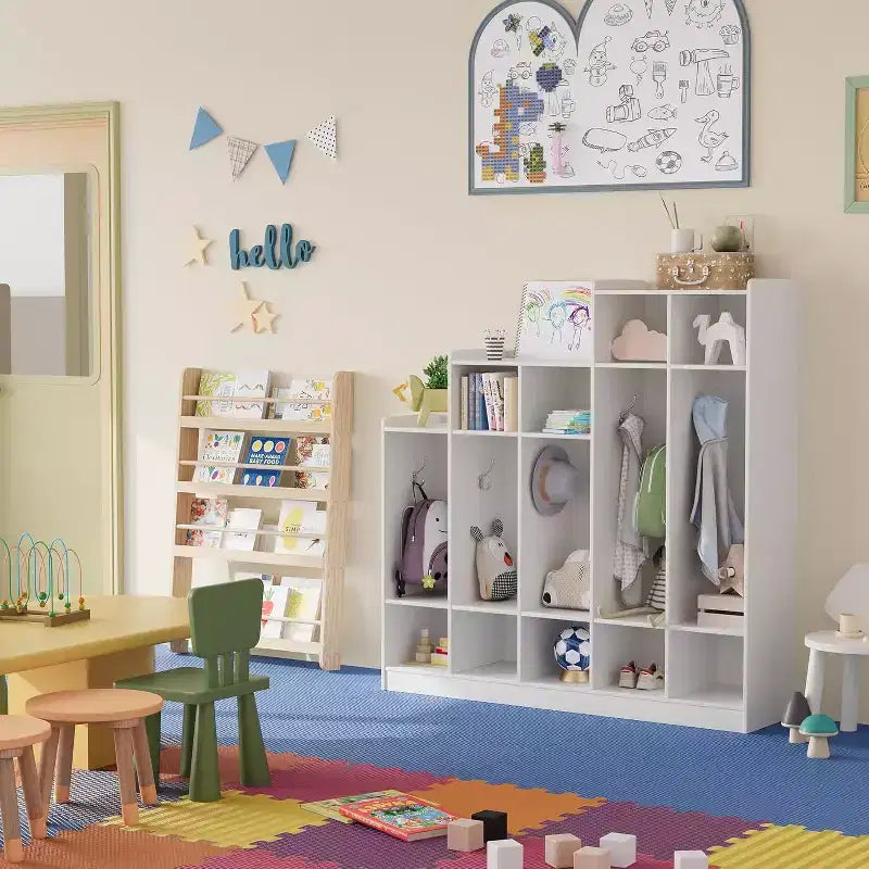Guardaroba scolastico a 5 sezioni con 9 scomparti, Organizer portaoggetti per asilo nido con 10 ganci per casa, scuola, nido, scuola materna
