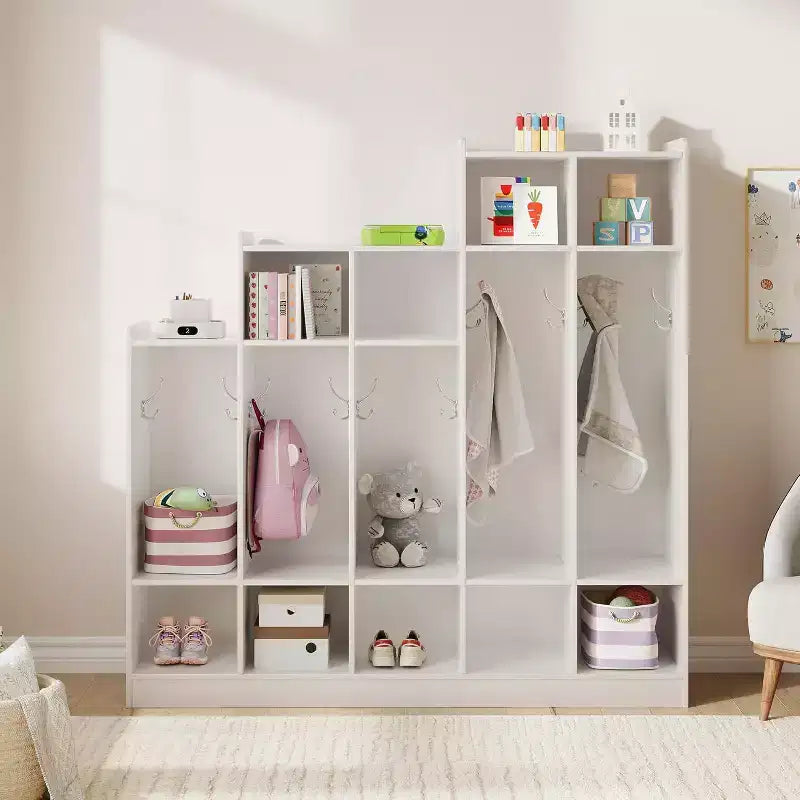 Guardaroba scolastico a 5 sezioni con 9 scomparti, Organizer portaoggetti per asilo nido con 10 ganci per casa, scuola, nido, scuola materna