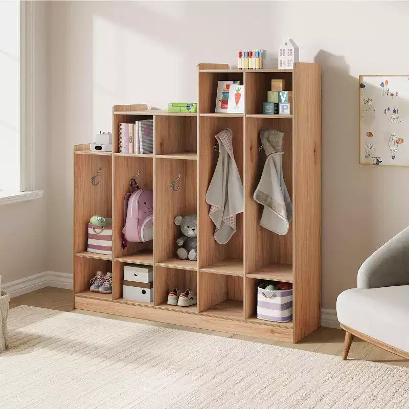 Guardaroba scolastico a 5 sezioni con 9 scomparti, Organizer portaoggetti per asilo nido con 10 ganci per casa, scuola, nido, scuola materna