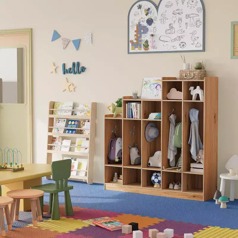 Guardaroba scolastico a 5 sezioni con 9 scomparti, Organizer portaoggetti per asilo nido con 10 ganci per casa, scuola, nido, scuola materna