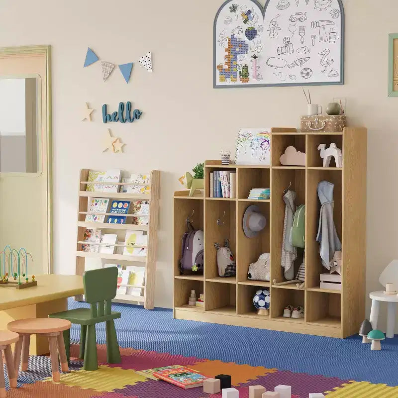 Guardaroba scolastico a 5 sezioni con 9 scomparti, Organizer portaoggetti per asilo nido con 10 ganci per casa, scuola, nido, scuola materna