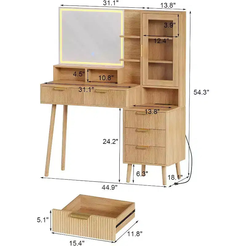 Moderna Toeletta con Specchio da 24 Pollici e 5 Cassetti, Tavolo da Trucco Scanalato con Mensola Portaoggetti per Donne e Ragazze