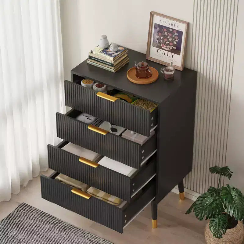 Comò per camera da letto, cassettiera moderna a 4 cassetti con scanalature, piccola cassettiera organizer da armadio comodino