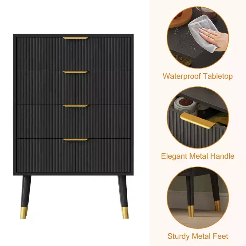 Comò per camera da letto, cassettiera moderna a 4 cassetti con scanalature, piccola cassettiera organizer da armadio comodino