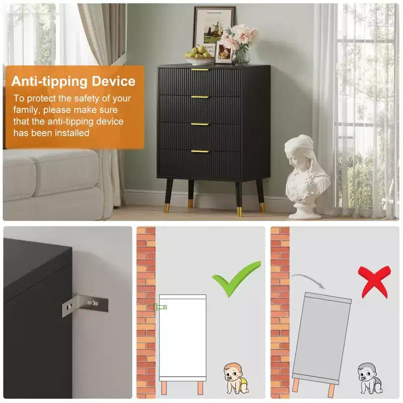 Comò per camera da letto, cassettiera moderna a 4 cassetti con scanalature, piccola cassettiera organizer da armadio comodino