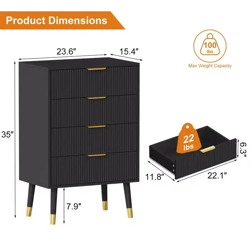 Comò per camera da letto, cassettiera moderna a 4 cassetti con scanalature, piccola cassettiera organizer da armadio comodino