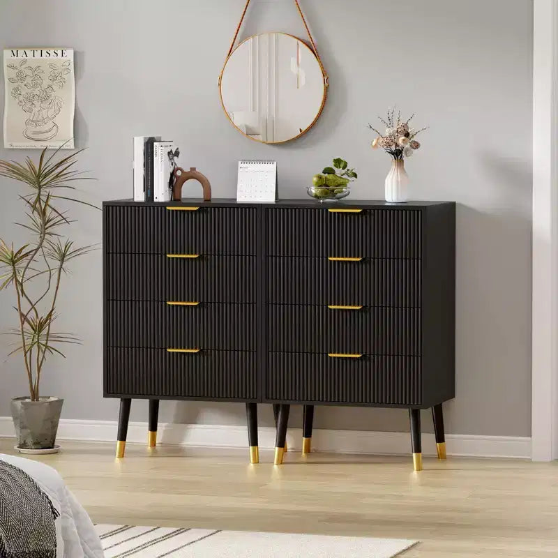 Comò per camera da letto, cassettiera moderna a 4 cassetti con scanalature, piccola cassettiera organizer da armadio comodino