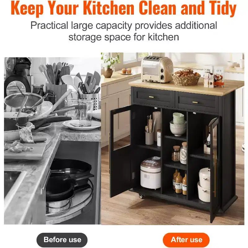 Isola da Cucina, Isola Mobile Moderna su Ruote con Ante a Scomparsa, Carrello Nero con Armadietto e Cassetto
