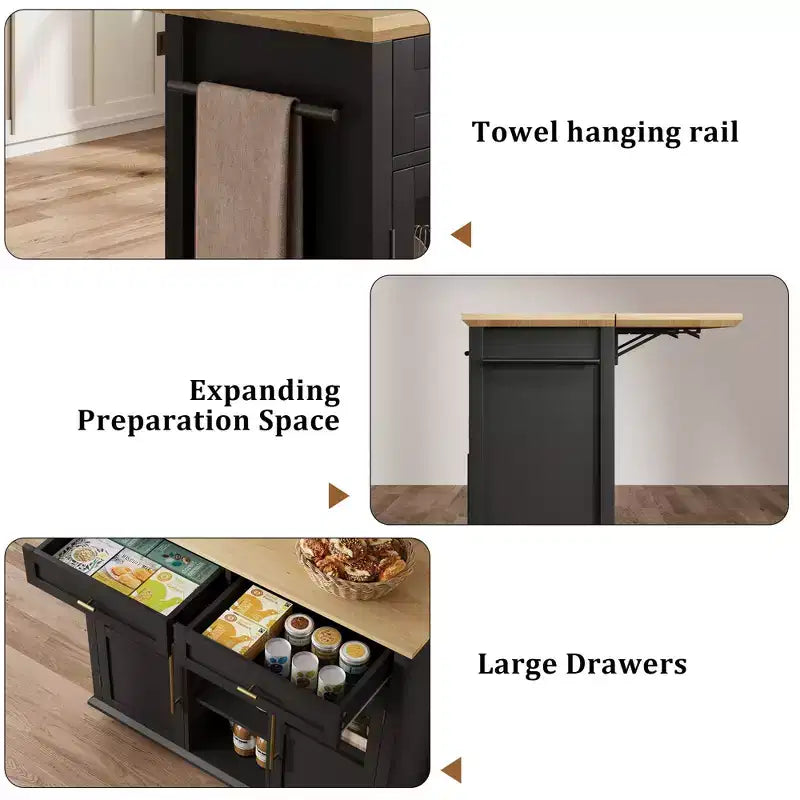 Isola da Cucina, Isola Mobile Moderna su Ruote con Ante a Scomparsa, Carrello Nero con Armadietto e Cassetto
