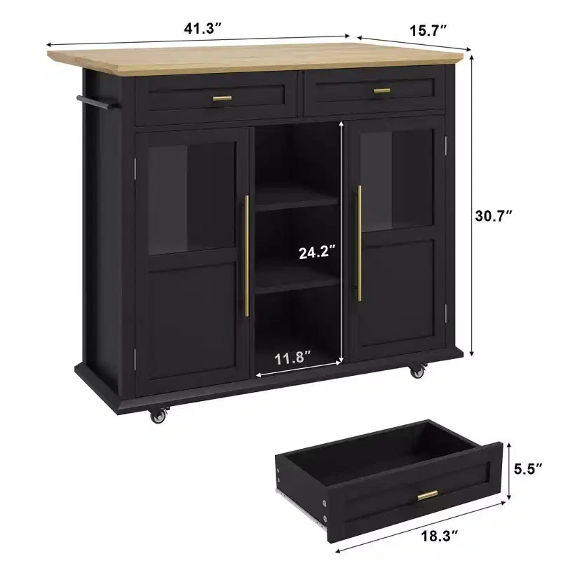 Isola da Cucina, Isola Mobile Moderna su Ruote con Ante a Scomparsa, Carrello Nero con Armadietto e Cassetto