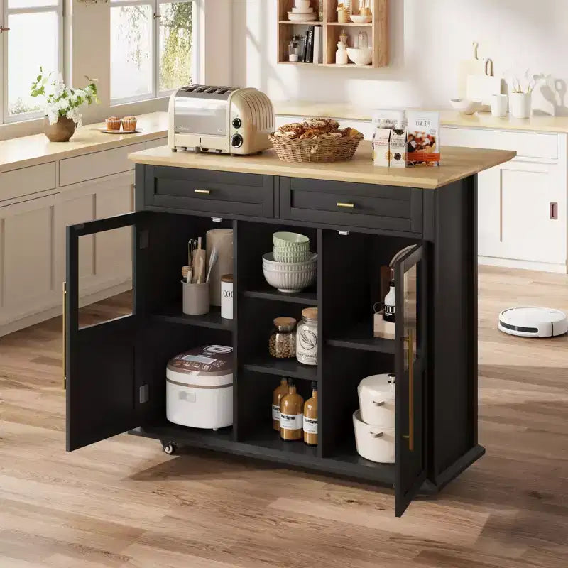 Isola da Cucina, Isola Mobile Moderna su Ruote con Ante a Scomparsa, Carrello Nero con Armadietto e Cassetto