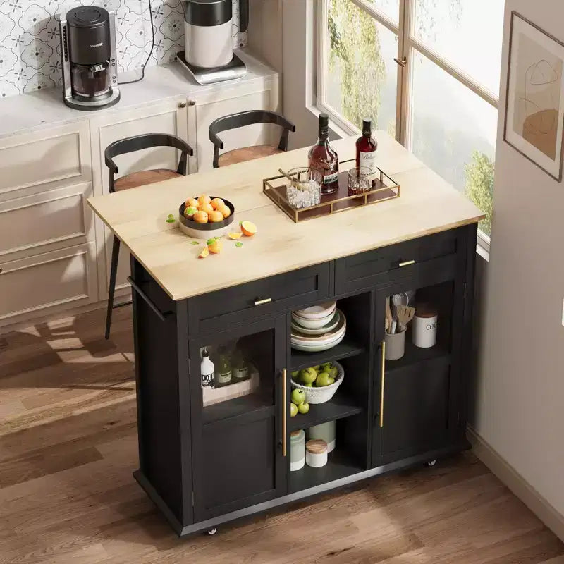 Isola da Cucina, Isola Mobile Moderna su Ruote con Ante a Scomparsa, Carrello Nero con Armadietto e Cassetto