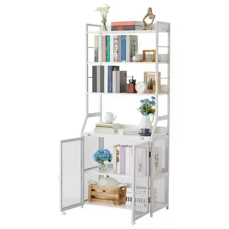 Scrivania Libreria 2 in 1, Scrivania per Computer con Struttura in Metallo e Pannelli in Truciolato con Ripiani Portaoggetti, Tavolo da Studio per Ufficio Casa Salvaspazio, Robusta Scrivania per Scrittura