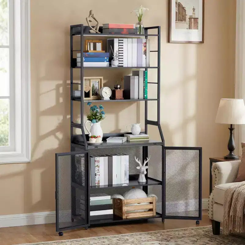 2-in-1 Bookshelf Desk, Metal Frame and Particle Board Computer Desk with Storage Shelves, Space-Saving Home Office Study Table, Sturdy Writing Desk