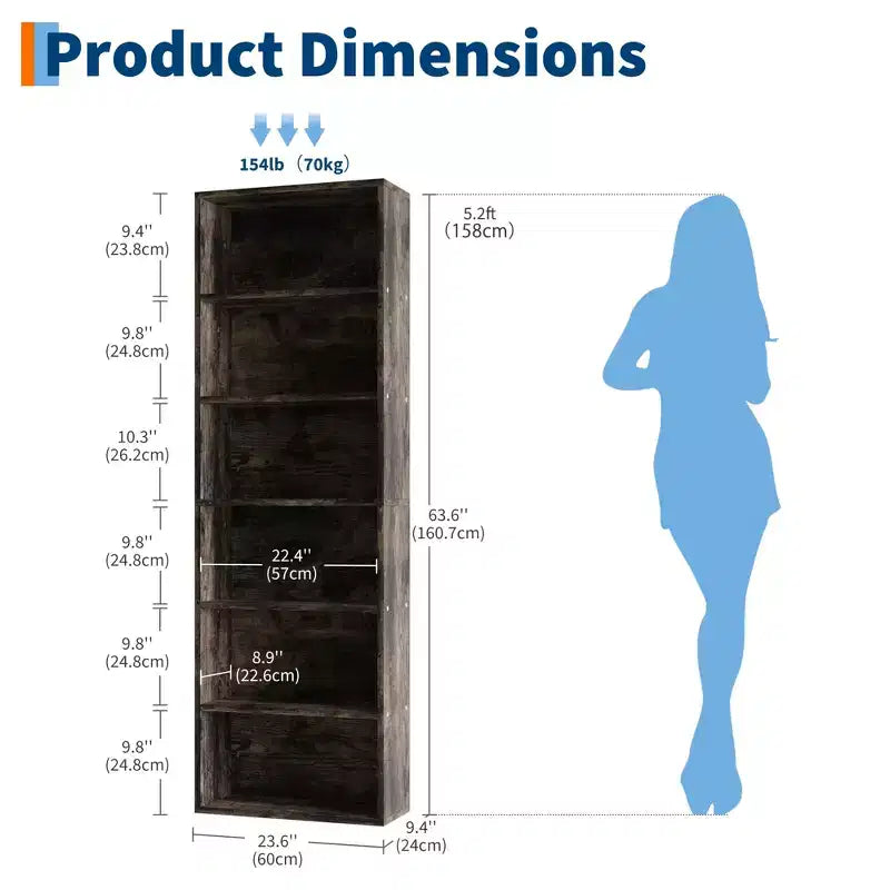 Libreria industriale a 6 ripiani, scaffale alto 161,5 cm in legno rustico con capacità di 113 kg, ripiani autoportanti per esporre oggetti per la casa e l'ufficio