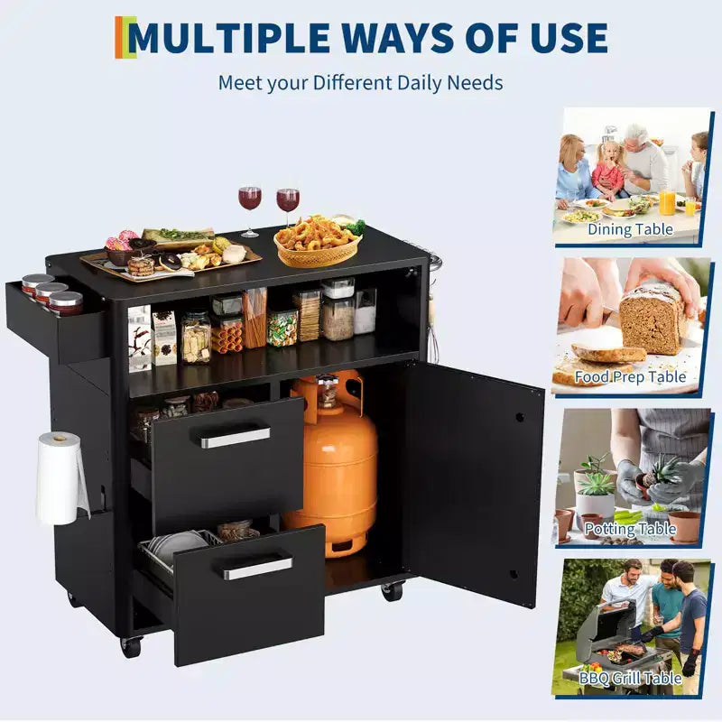 Tavolo per Barbecue, Carrello da Bar Esterno con Armadietto, Carrello per Griglia con Armadietto, Isola Carrello da Cucina Multifunzione, Tavolo di Preparazione Cibo con Superficie in Acciaio Inossidabile