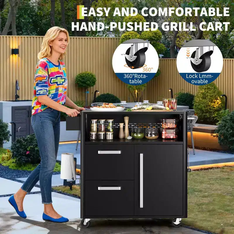 Tavolo per Barbecue, Carrello da Bar Esterno con Armadietto, Carrello per Griglia con Armadietto, Isola Carrello da Cucina Multifunzione, Tavolo di Preparazione Cibo con Superficie in Acciaio Inossidabile