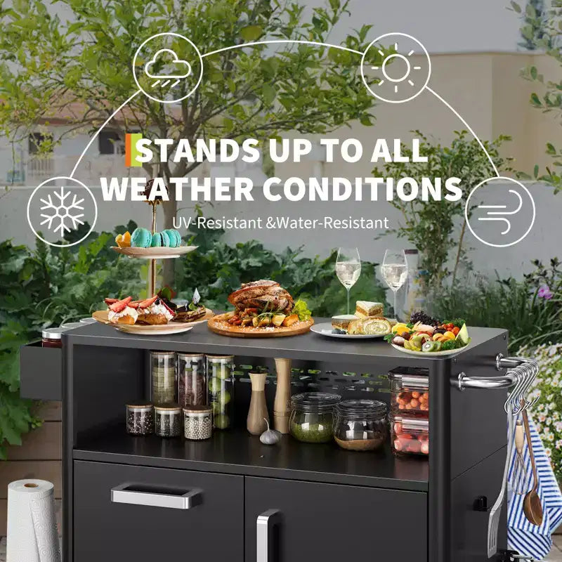 Tavolo per Barbecue, Carrello da Bar Esterno con Armadietto, Carrello per Griglia con Armadietto, Isola Carrello da Cucina Multifunzione, Tavolo di Preparazione Cibo con Superficie in Acciaio Inossidabile