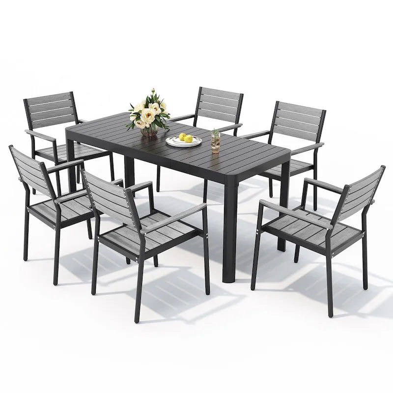 Set da pranzo per esterni a 5/7 posti con sedie impilabili e tavolo allungabile in alluminio