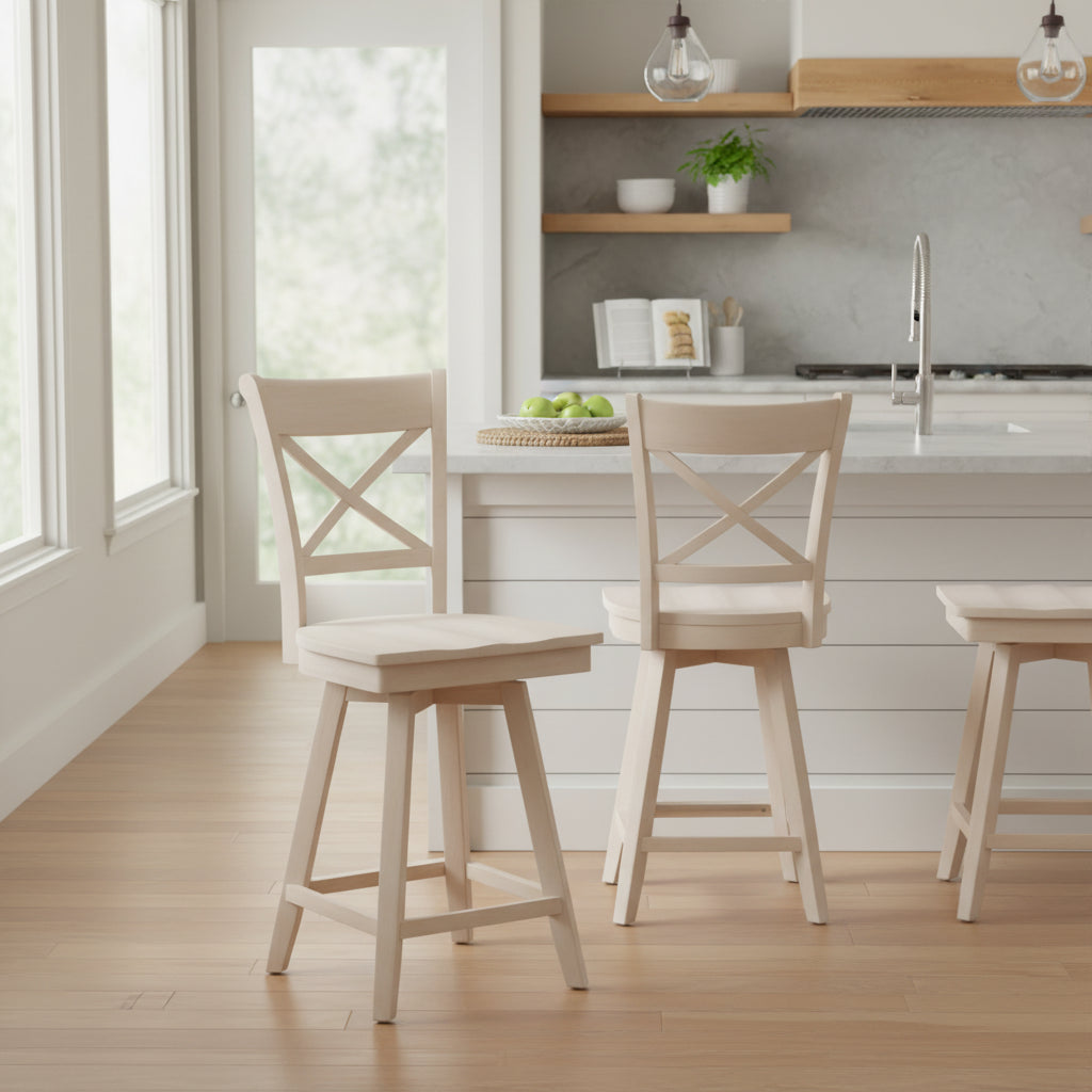 Charlotte Counter Height Barstool with Swivel and Auto Return Unfinished - International Concepts: Wood Frame, X-Back Design, Spot Clean