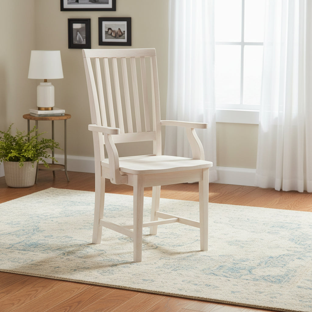 Mission Side Chair with Arms Unfinished - International Concepts: Solid Wood, Slat Back, Kitchen Furniture