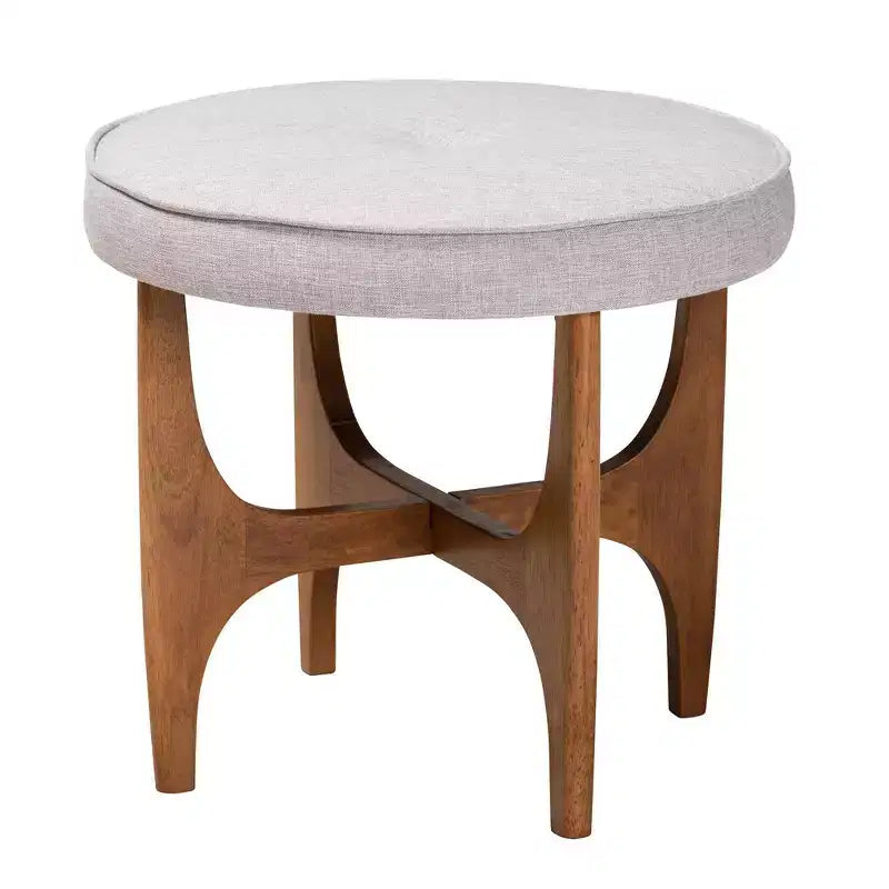 Pouf Ottomano Rotondo Imbottito – Stile Japandi, Beige Grigiastro e Marrone Noce