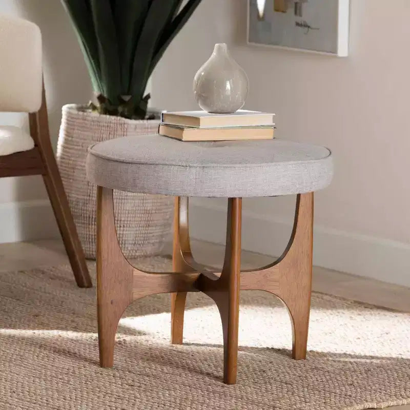 Pouf Ottomano Rotondo Imbottito – Stile Japandi, Beige Grigiastro e Marrone Noce
