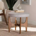 Pouf Ottomano Rotondo Imbottito – Stile Japandi, Beige Grigiastro e Marrone Noce
