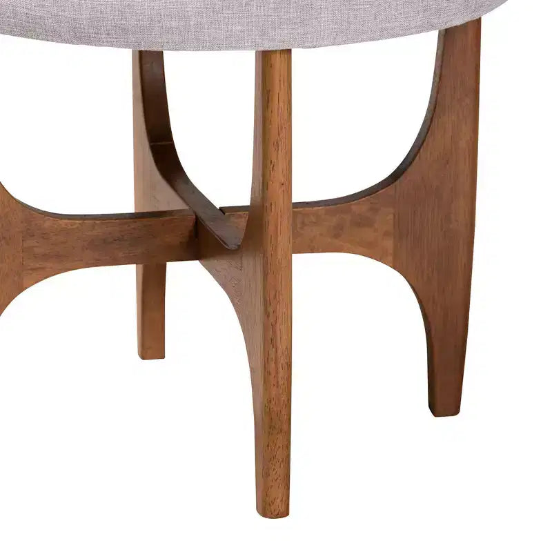 Pouf Ottomano Rotondo Imbottito – Stile Japandi, Beige Grigiastro e Marrone Noce