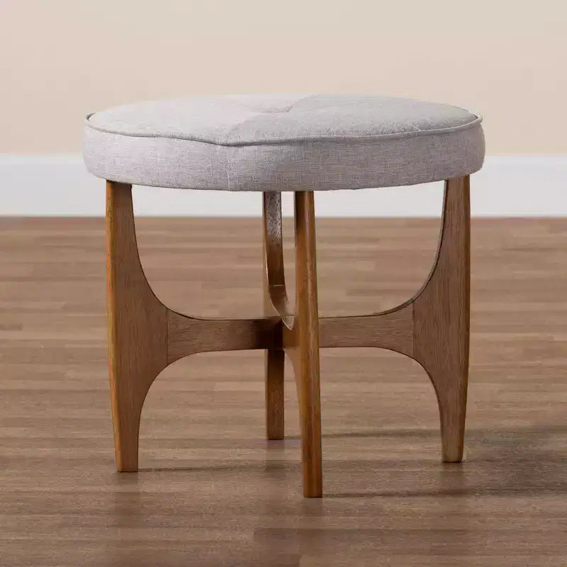 Pouf Ottomano Rotondo Imbottito – Stile Japandi, Beige Grigiastro e Marrone Noce