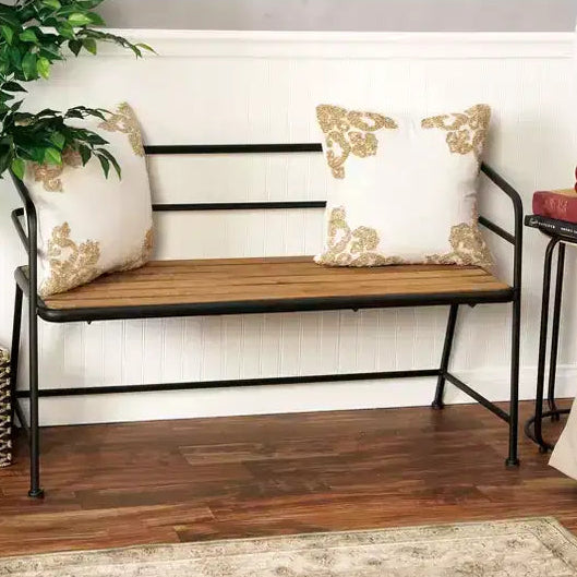 Metal and Wood Bench Slat Back Black/Brown - Olivia & May