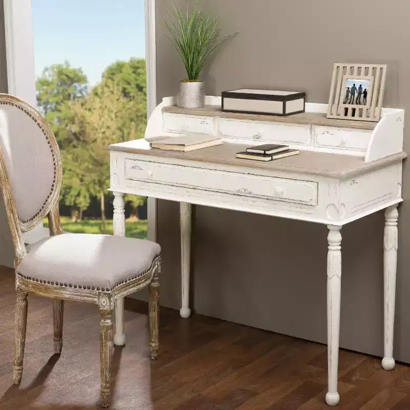 Scrivania in stile francese tradizionale – Bianco e marrone chiaro, 4 cassetti, piano in legno di Mindi